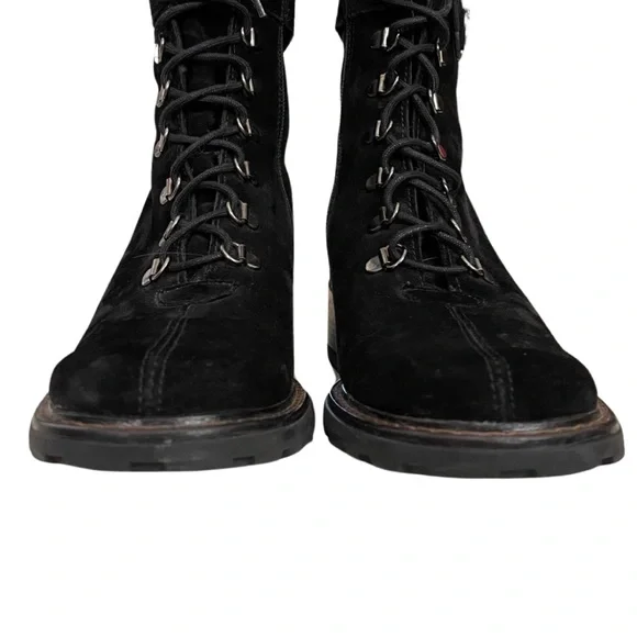 Aquatalia black suede, Lace Up, lug sole booties Moto Combat bouclé lined - Picture 7 of 12